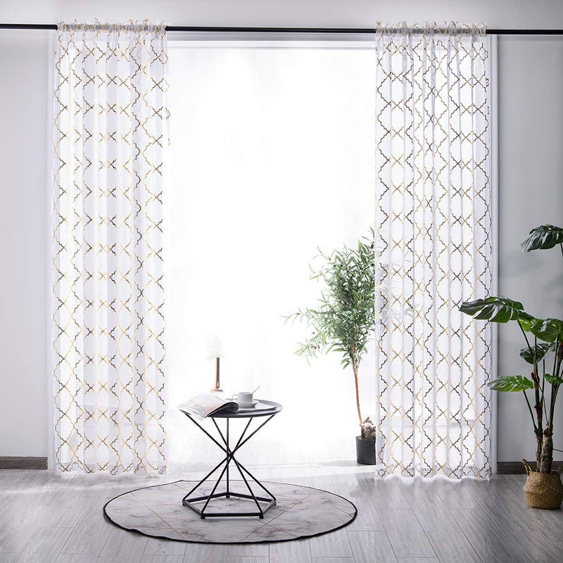 YJ YANJUN White Sheer Curtains 84 inches Long Trellis Gold Foil Curtains for Living Room Bedroom Set of 2 Panles, 52 x 84 inch - Image 2